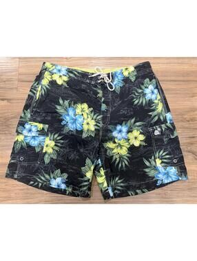 Caribbean Joe Swim Trunks Men XL Black Floral Hawaiian Board Shorts Mesh Lined